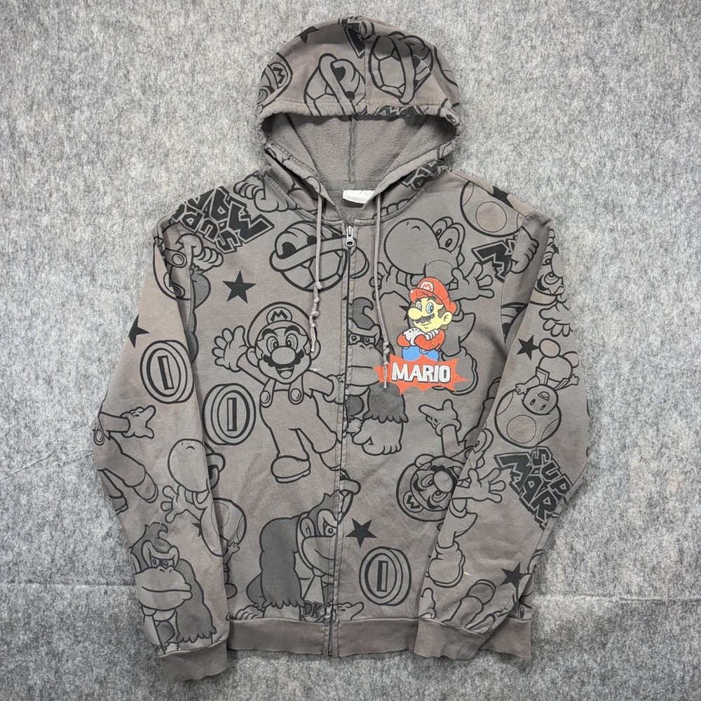 Super Mario Bros Zip Up‎ Hoodie Large Y2K Nintendo 2011 Gray Yoshi Donkey Kong